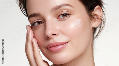 A close-up of the face, with beautiful and flawless skin of an attractive woman applying light cream on her cheekbones against a white background