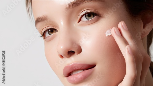 A close-up of the face, with beautiful and flawless skin of an attractive woman applying light cream on her cheekbones against a white background