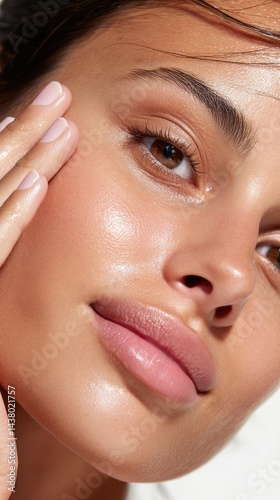 A close-up of the face, with beautiful and flawless skin of an attractive woman applying light cream on her cheekbones against a white background