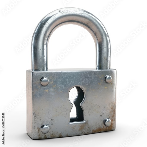 Metallic padlock, showing signs of age.