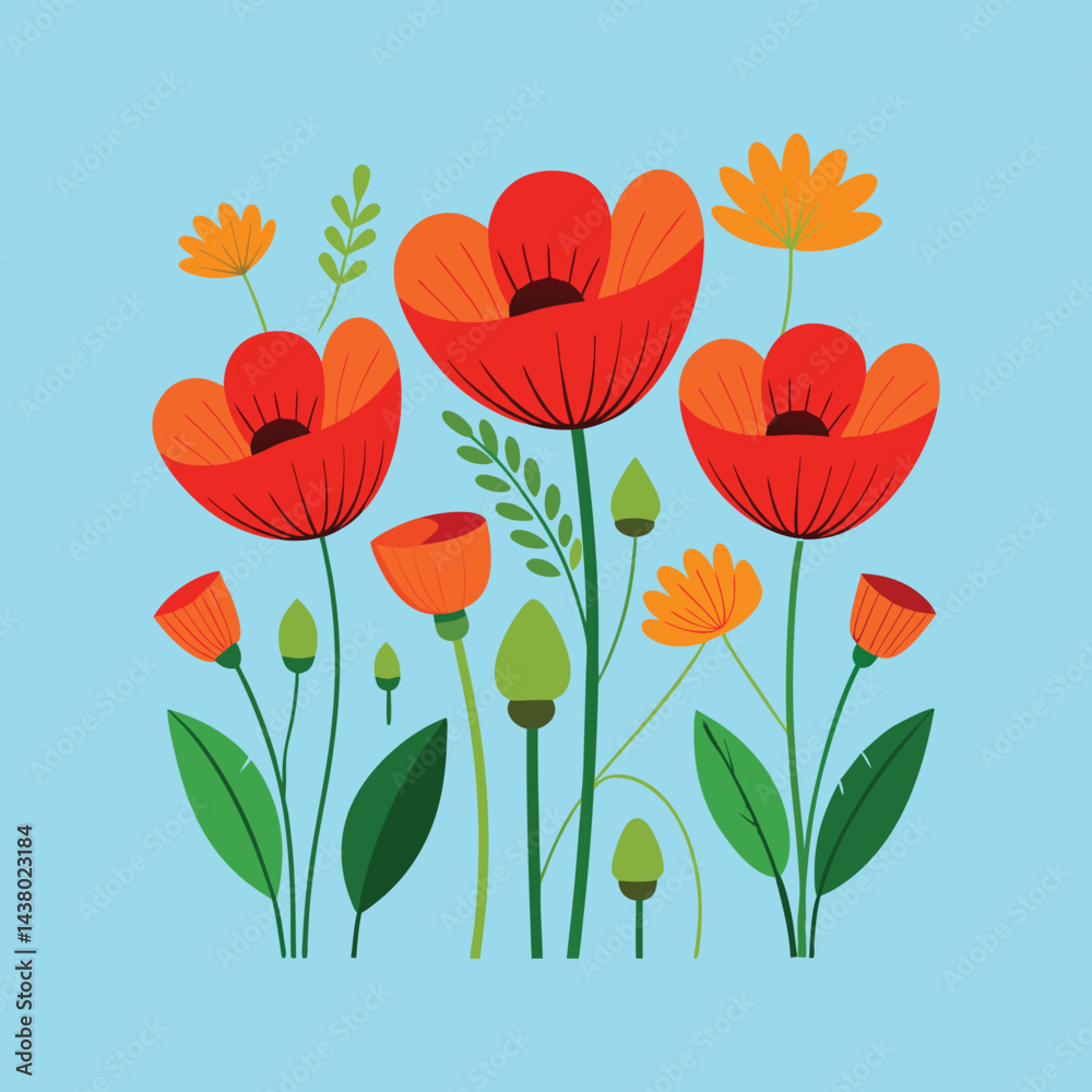 Fototapeta premium Vibrant floral design featuring poppies and other flowers against a light blue background