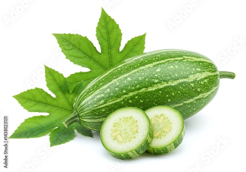Pointed gourd with leaf and slices, fresh vegetable isolated on white background