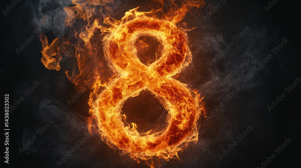 Fototapeta premium Fiery number eight, burning inferno, dark background, abstract design