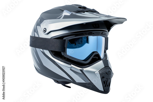 New modern racing helmet grey with black glass mask for motor racing isolated on cutout PNG or transparent background. Safety motorcycle accessories. Biker helmet safety driving concept.