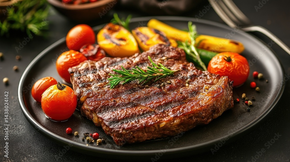 A luxurious gourmet set meal with a perfect balance of perfectly cooked meat, crisp vegetables, and ripe tomatoes, placed on a modern, stylish plate for an exquisite dining experience.