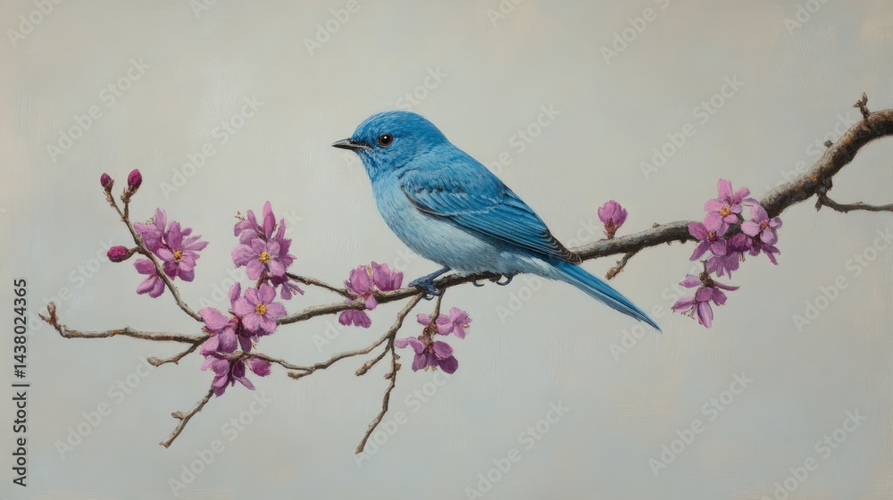 A male bluebird perched delicately on a redbud branch, against a smooth, muted grey background, showcasing its vivid blue plumage. A male bluebird perched delicately on a redbud branch, against a smooth, muted grey background, showcasing its vivid blue plumage.