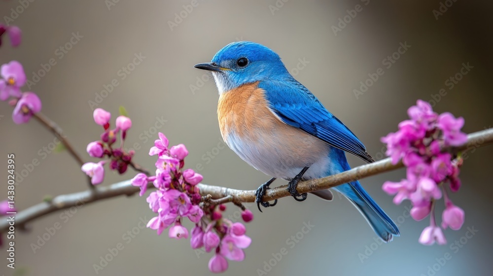 A male bluebird perched on a redbud branch, the soft grey background highlighting its vibrant blue feathers. A male bluebird perched on a redbud branch, the soft grey background highlighting its vibrant blue feathers.