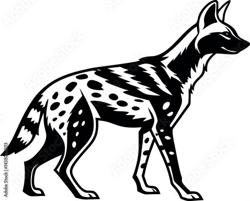 Black and White serval Silhouette, Stylized African serval Illustration