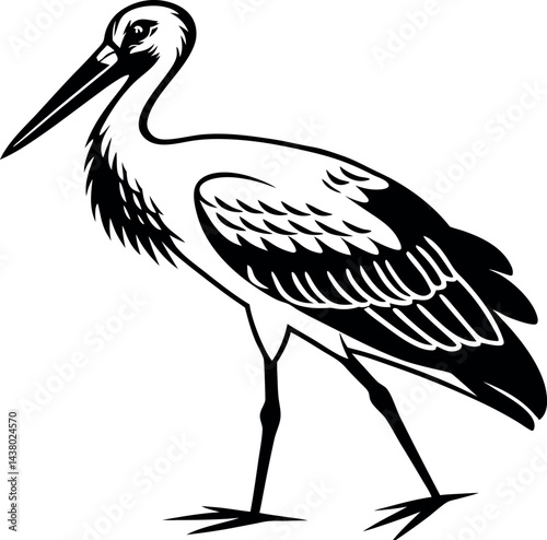Black-and-White Stork Silhouette, Elegant Stork Illustration