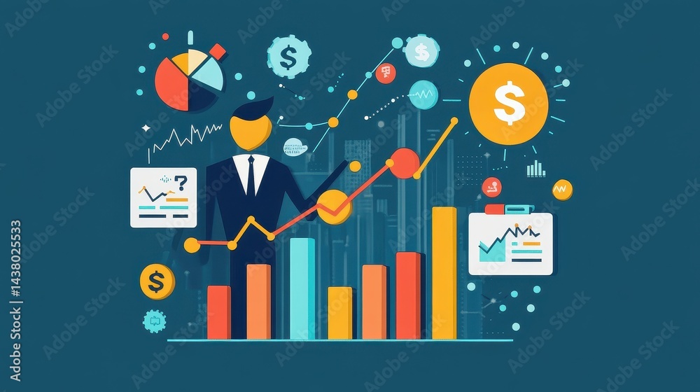 Business-themed background with a stock chart, corporate icons, and economic data, dynamic market trends.