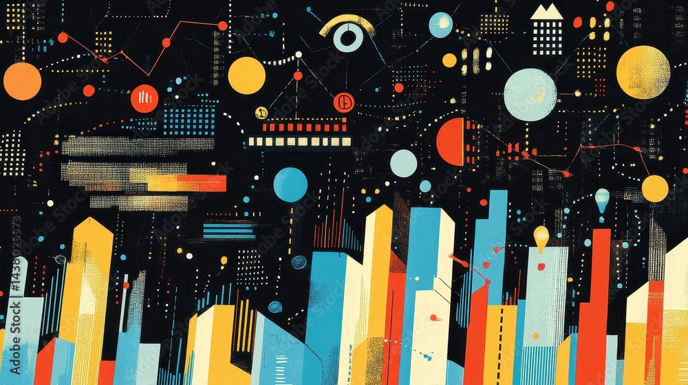 Business-themed background with a stock chart, corporate icons, and economic data, dynamic market trends.