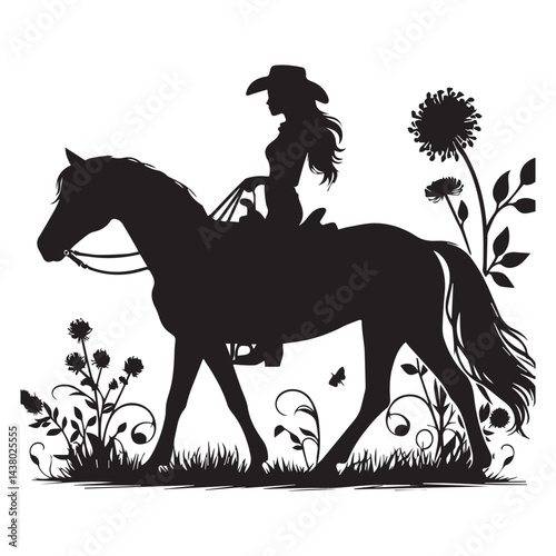 Cowgirl with horse  Silhouette Vector Illustration White Background