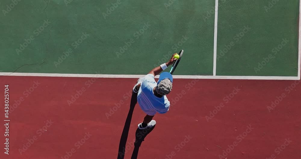 Above, tennis court and senior man with racket for game, fitness and activity for retirement. Top view, player and mature person with ball for competition, match and sports with training and athlete