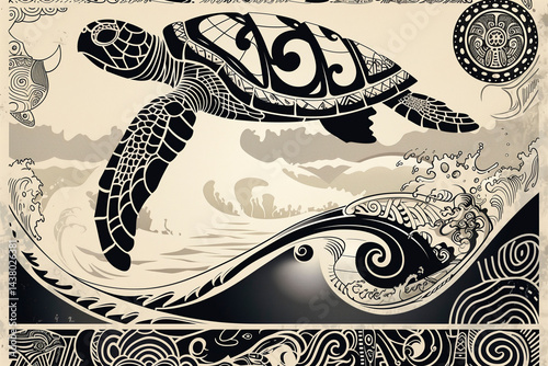 Polynesian tribal tattoo inspired black and white pattern with ocean wave motifs and turtle symbols, bold graphic style, seamless vector design