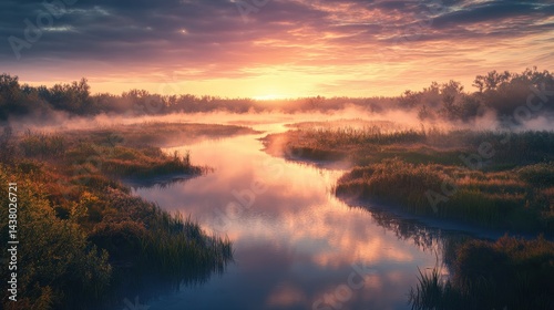 A panoramic shot of a marsh at sunrise, with mist rising from the water, enveloping the meandering channels and vibrant vegetation. 