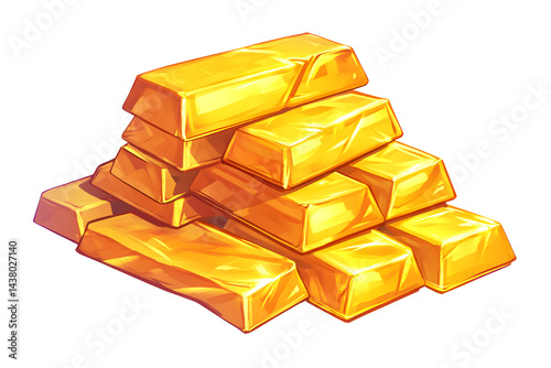 Piles of gold bars nuggets isolated on cut out PNG or transparent background. Cartoon illustration of golden slabs, mine. Treasure cave design elements, amber yellow.