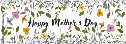 Beautiful Mother's Day banner, cover, poster, greeting card, label, flyer with a meadow full of colorful flowers on a white background, vector illustration
