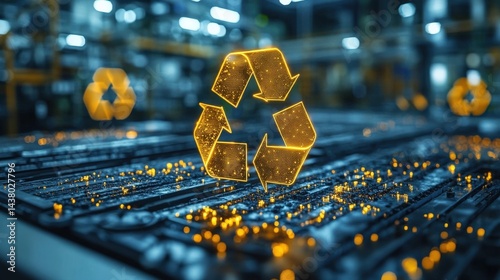 Futuristic recycling facility with glowing symbols, showcasing innovation and sustainability efforts