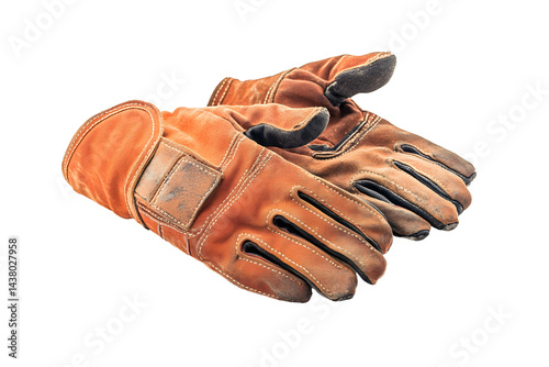 Old dirty leather protective gloves or work gloves yellow, orange isolated on cutout PNG or transparent background. Protect hands from danger while working. Protect your hands from accidents safety.