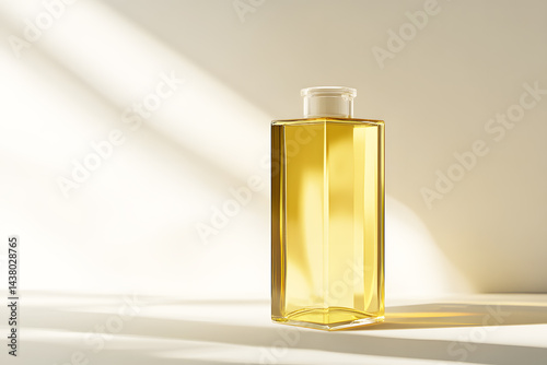 Vegetable oil or olive in small bottle plastic clear tall with white lid on white background. Packaging template filled. Copy space. Design presentation, organic food for cooking. 