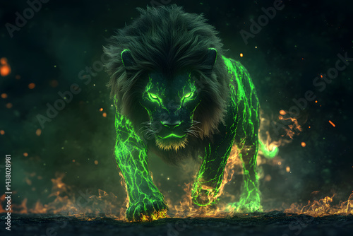 Animal Lion in walk crafted entirely from molten magma or lava green glow and blazing fire hues radiate. Majestic elegance glowing with fiery cracks like molten surface of active volcano.