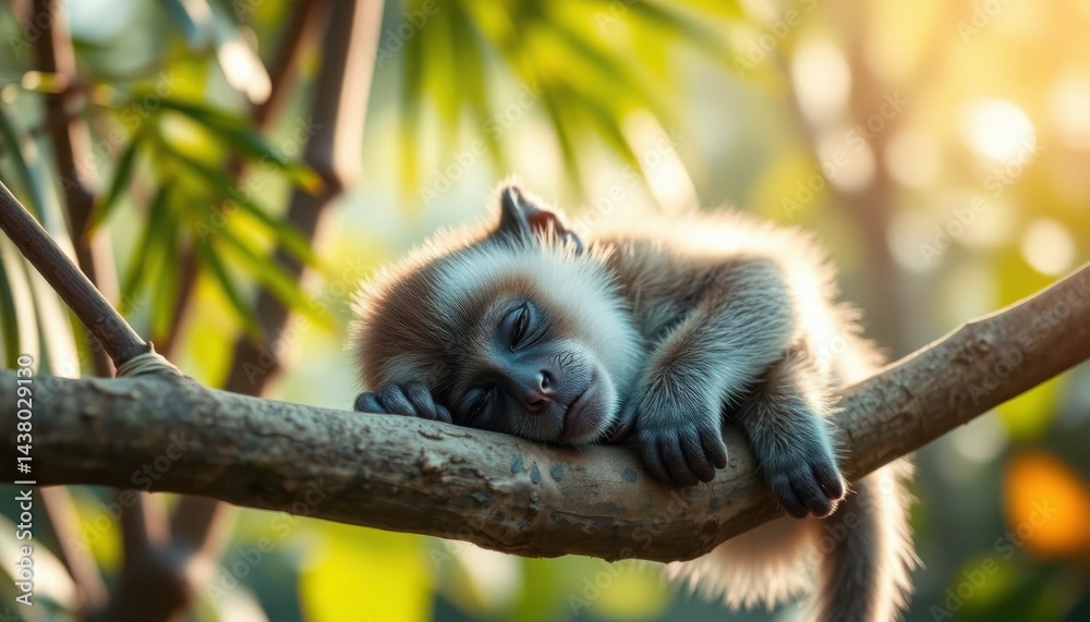 Naklejka premium Sleepy Baby Monkey Napping on a Branch