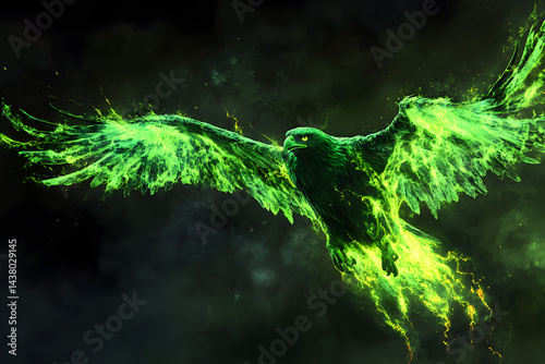 Imaginary animal. Bird eagle in flight crafted entirely from molten magma or lava green glow and blazing fire. Majestic elegance glowing with fiery cracks like molten surface of active volcano.