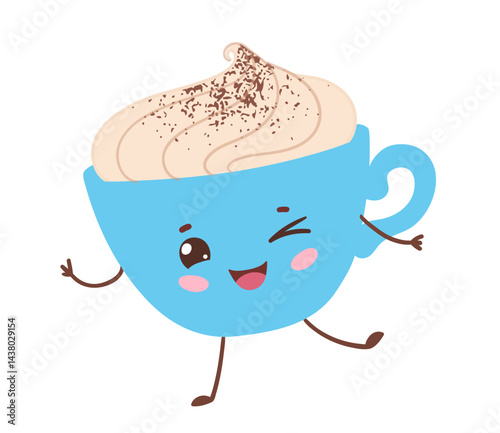 Vector flat illustration of a cute blue cappuccino cup character with arms and legs, whipped cream topping smiling and winking