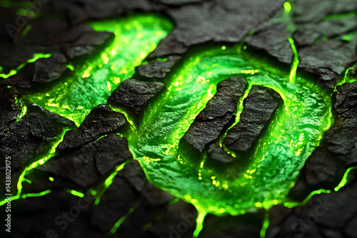 Number Green glow 10 Ten crafted entirely from molten magma or lava and blazing fire. Green glow hues radiate. Majestic elegance glowing with fiery cracks like molten surface of active volcano.