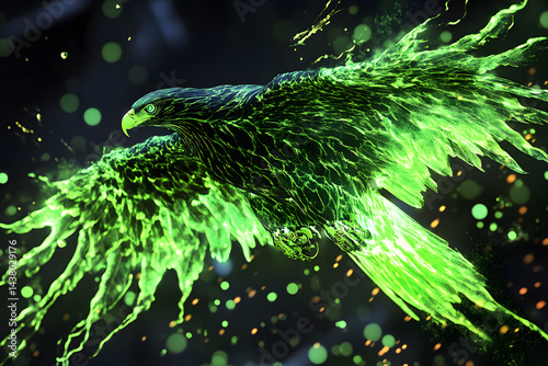 Bird eagle in flight crafted entirely from molten magma or lava green glow and blazing fire. Majestic elegance glowing with fiery cracks like molten surface of active volcano. 