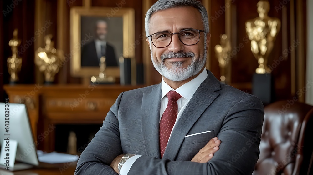Confident man in suit, arms crossed, stands in upscale office Portrait visible Confident man in suit, arms crossed, stands in upscale office Portrait visible