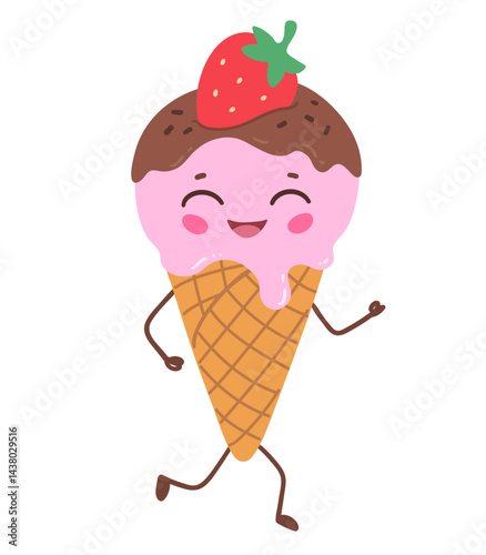 Vector flat illustration of a cute running ice cream cone with arms and legs, with pink scoop, chocolate topping and strawberry
