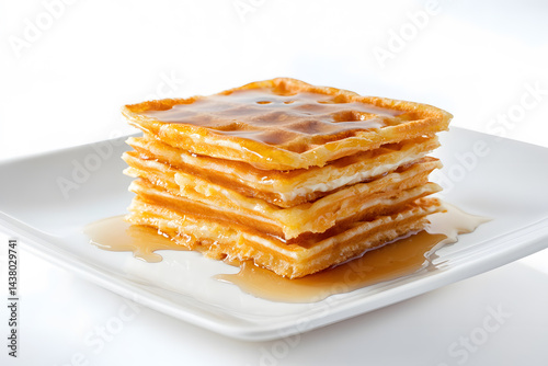 Viennese fresh waffles drizzle with honey on top in white ceramic dish. Isolated on white background. Dessert made from two strips of dough. American Waffles are square in shape.