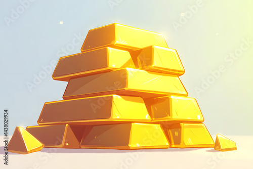 Piles of gold bars nuggets on white background. Cartoon illustration of golden slabs, mine. Treasure cave design elements, amber yellow. Copy space.