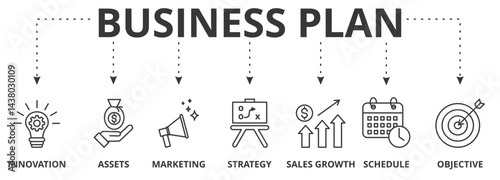 Business plan banner concept illustration with icons of innovation, assets, strategy, sales growth, marketing, schedule and objective 