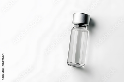 Clear glass vaccine or medicine bottle with sleek and elegant design isolated on white background with light shadow. Show bottle premium pharmaceutical. Medical Science Technology. Copy space.