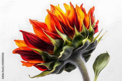 Sunflower oil painting watercolor orange, yellow, red on white background. Realistic natural flowers from work art.