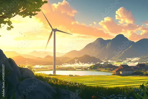 Ind turbine on mountain valley at sunrise. Sun highlighting renewable energy in harmony with nature. Ecological energy concept. Wind turbines atop hill illuminated by light orange glow of setting.