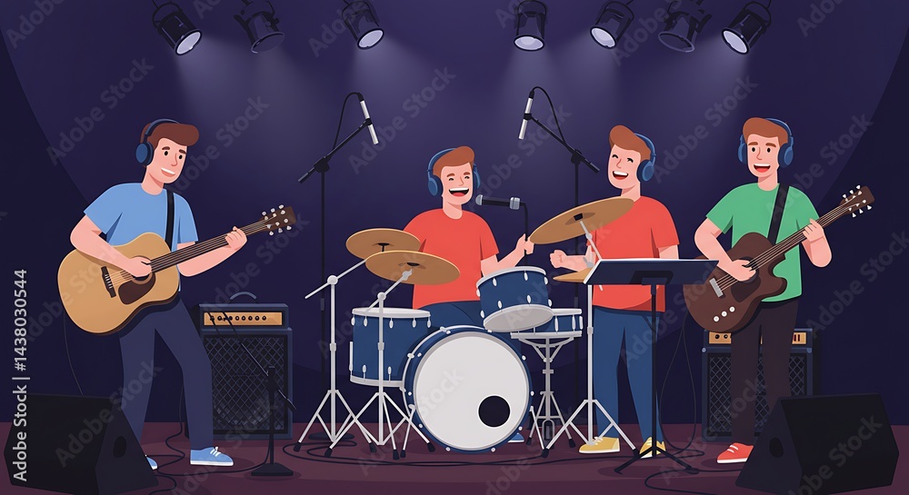 Fototapeta premium Band Playing Music on Stage with Instruments and Spotlights