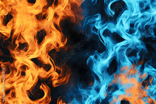Abstract Texture of blue, white, orange flame painted with watercolors on black background. Artistic design of flames that represents heat, power, hell, passion and danger. Pattern to make wallpaper.