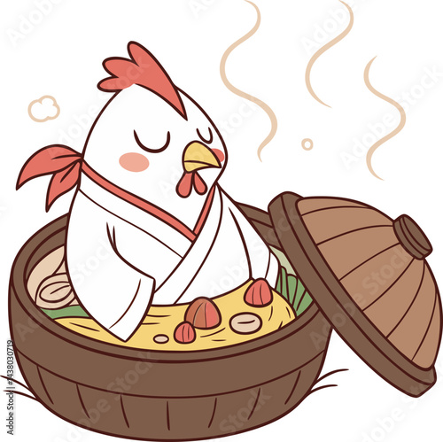 illustration of a cartoon chicken in a earthen pot