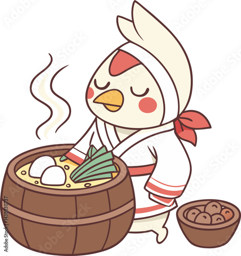 illustration of a cartoon chicken in a earthen pot