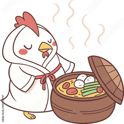 illustration of a cartoon chicken in a earthen pot