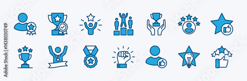 Set of exceptional icon vector. Containing winner, achievement, experience, satisfaction, performance, award, rating, trophy, medal, service, sensational, success. Illustration