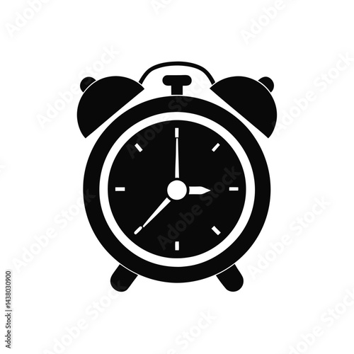 This is a black silhouette of a classic alarm clock design., hour and minute, simple hour markings vector isolated on white background