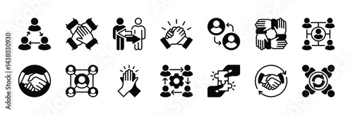 Collaboration icon vector set. Containing teamwork, team work together, people or person connection, human relationship, co-worker, handshake, cooperation, sharing, agreements. Illustration