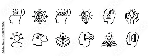 Open minded thin line icon set. Containing human head with brain, idea, creativity, innovation, inspiration, imagination, creative, light bulb, thinking, learning, insight. Vector illustration