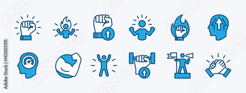 Set of willpower icon vector. Containing motivation, confident, human energy, determination, ambition, strong, leadership, hand power, together, spirit, passion. Illustration