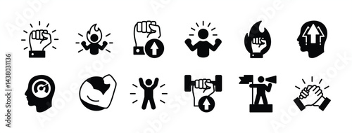 Willpower icon vector set. Containing motivation, confident, human energy, determination, ambition, strong, leadership, hand power, together, spirit, passion. Illustration