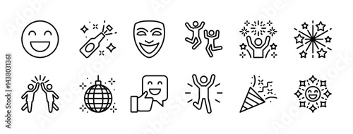 Fun or happy people thin line icon set. Containing celebration, party, festival, event, carnival, birthday, holiday, anniversary, explosion confetti, fireworks, disco lights, new year, communication